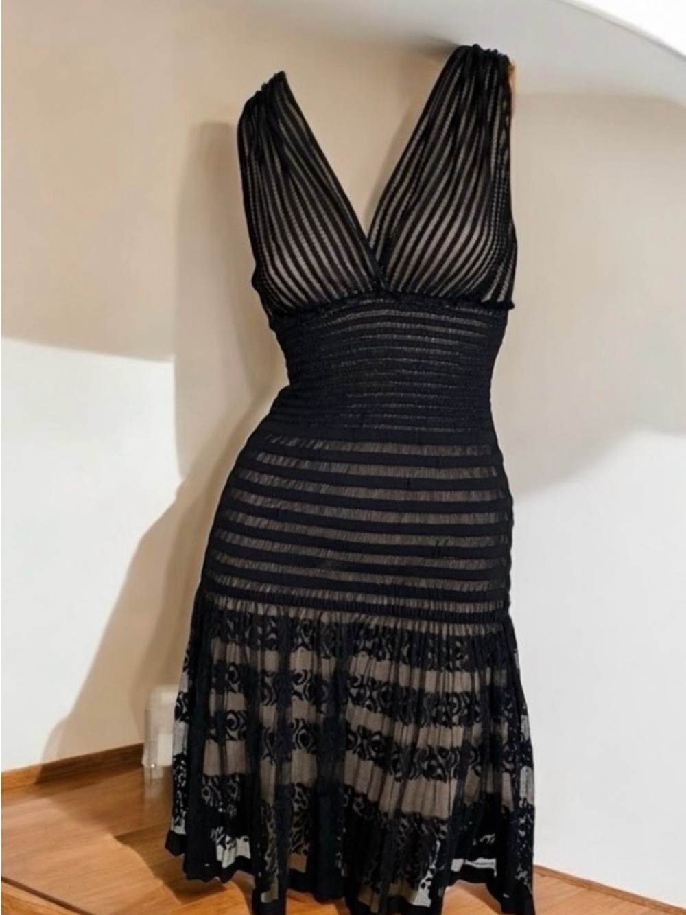 Max Studio Black Sheer Stripe & Lace V-Neck Midi Dress